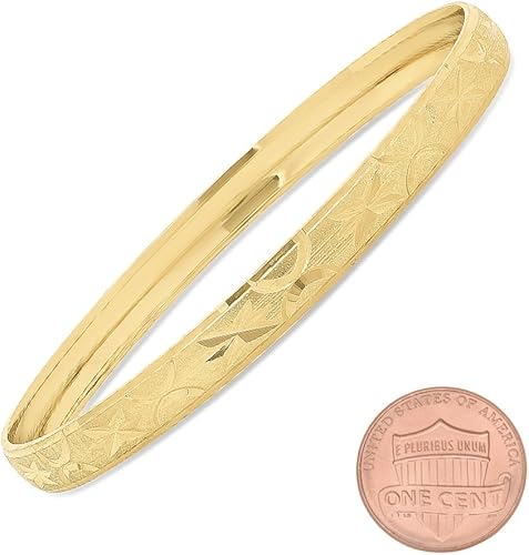 Vista 2 de 14k Gold Plated Step Edged Stackable Bangle Bracelet wEtched Stars & Moons + Jewelry Cloth & Pouch