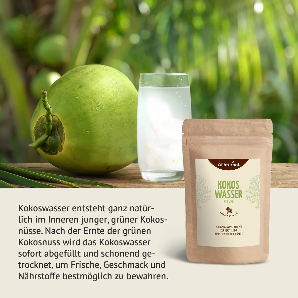 Kokoswasser Pulver 250g |erfrischende natürliches Elektrolyte-Getränk mit Magnesium & Potassium | schonend getrocknet | Achterhof