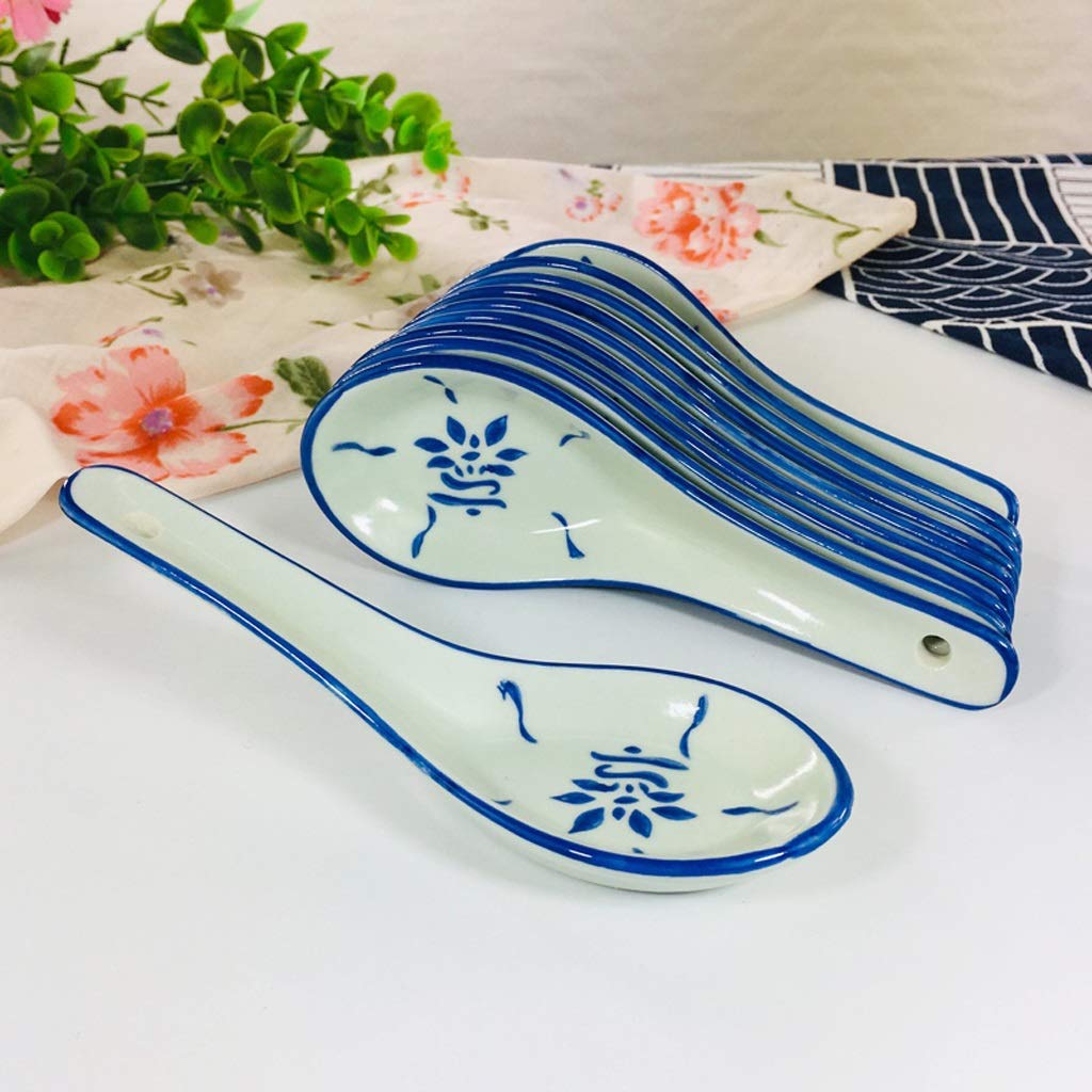 Cucharas soperas Chinas, cucharas de cerámica, cucharas soperas, cucharas para Aperitivos, Juego de 12 cucharas para Servir, patrón Azul, largas (5.1 Pulgadas)