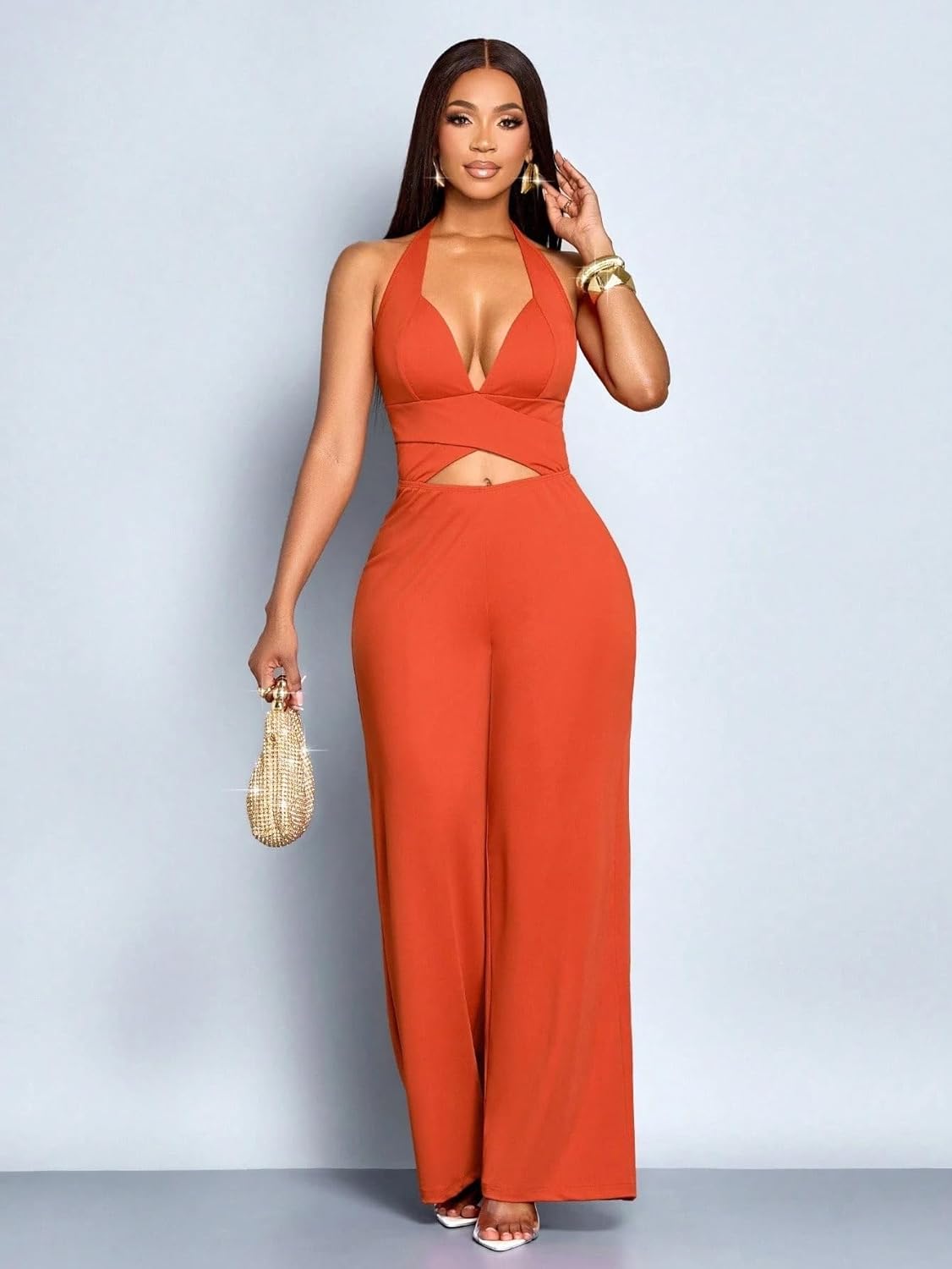 Women's Summer Fashion Jumpsuits Rompers Solid Color Neck Cutout Backless Sleeveless High Waist Long Jumpsuit