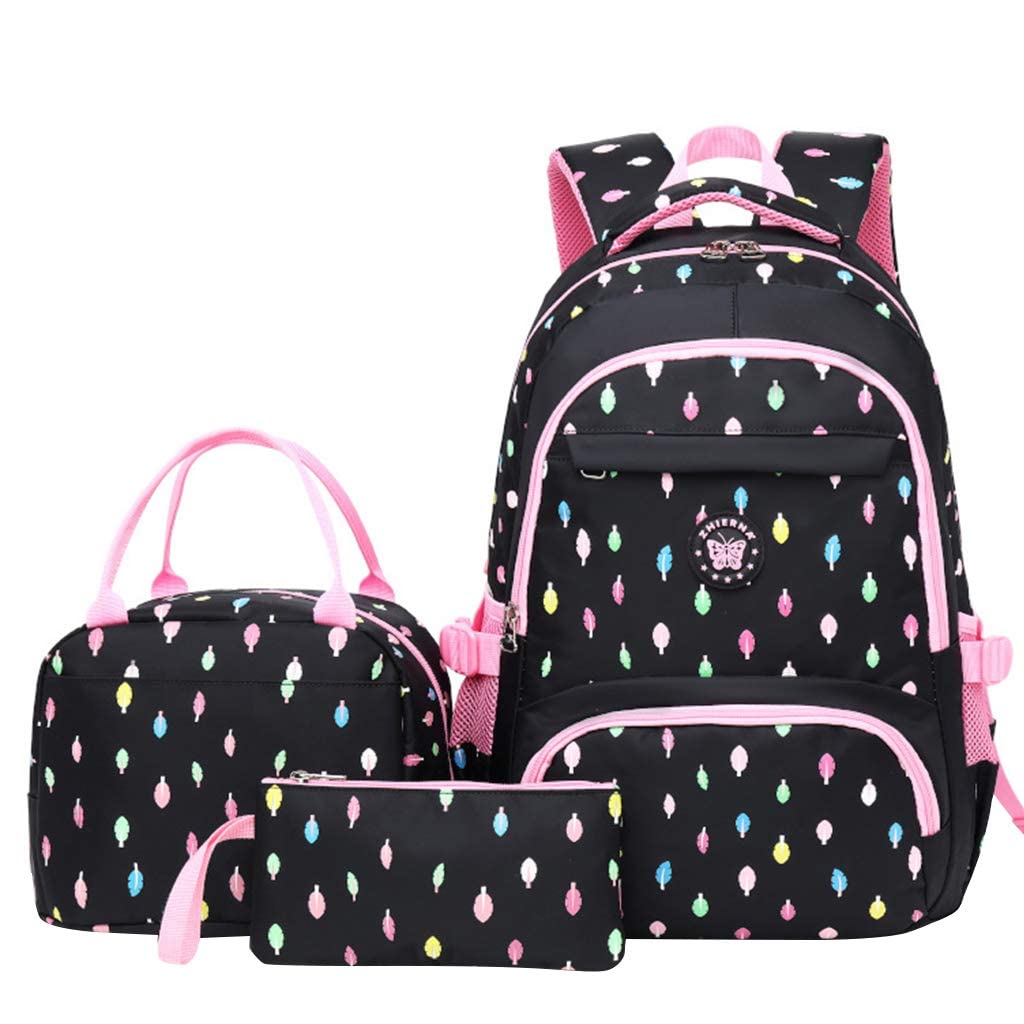 Hovkib Rucksack Girls, Kids Backpack for Girls, Lightweight School Rucksack for Primary School Cute Teenage Book Bags Daily Use Travel Laptop Satchel for Age 4-12 Three-piece Set Leaves-Print