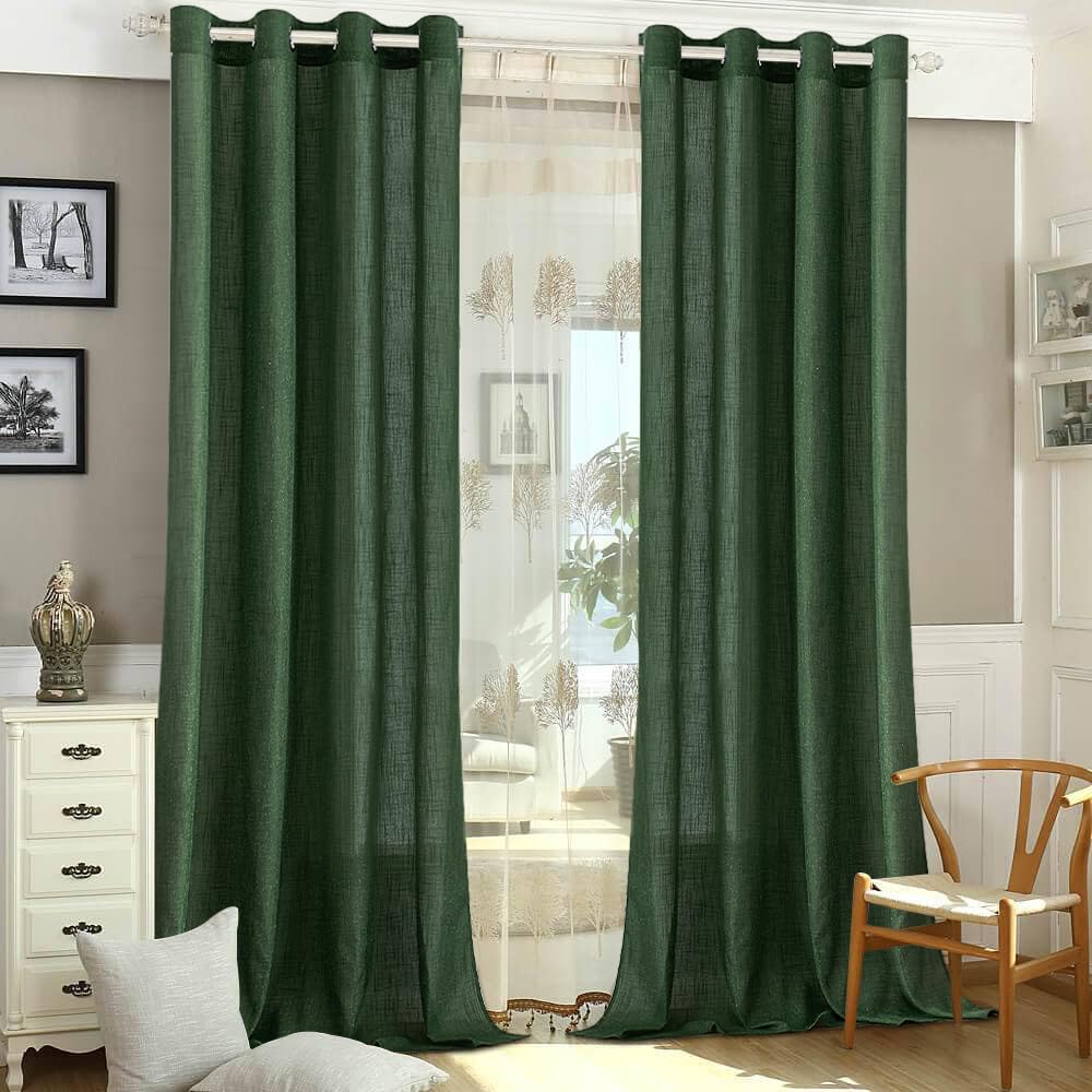 MIULEE Tende lino traslucido passanti 2pz L140xA225 Verde scuro | Tende traslucide effetto lino con passanti metallici, leggere e moderne, adatte per soggiorno, camera e cucina