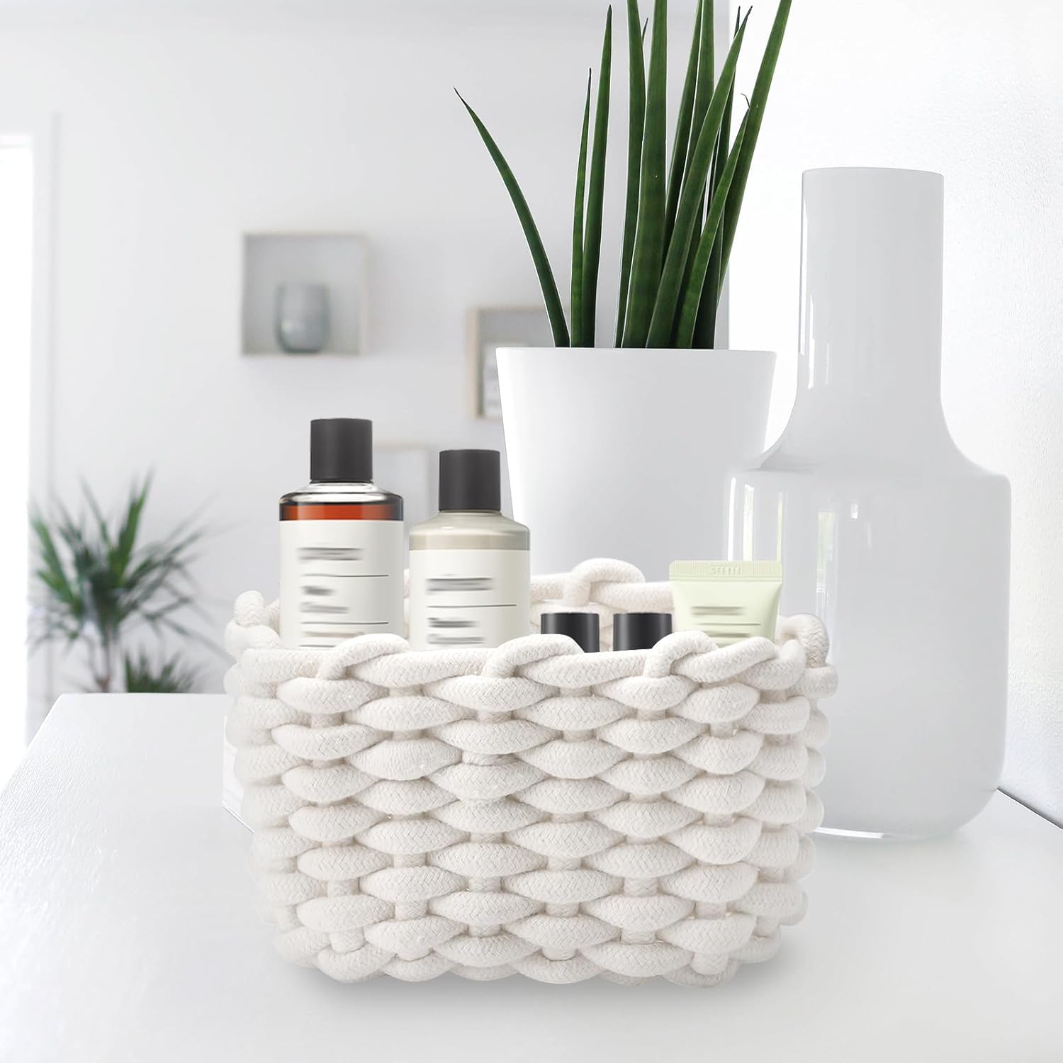 Confezione Doppia di Cestini per Pannolini, Piccoli Intrecciati in Morbido Cotone, Quadrati per Bagno e Trucco, Mini Bianchi