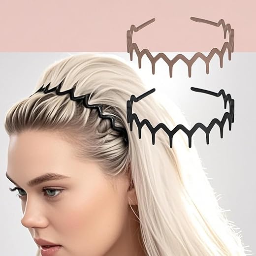 2 Pieces Zig Zag Headbands Wavy Headband with Teeth for Women Headband Accessory for Women (Black and Jacquard)