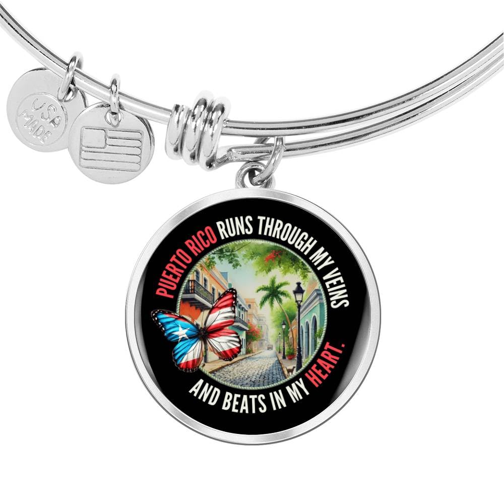 Puerto Rico Runs Through My Veins Charm Bracelet – Puerto Rican Patriotic Pride Jewelry with Flag Butterfly Design