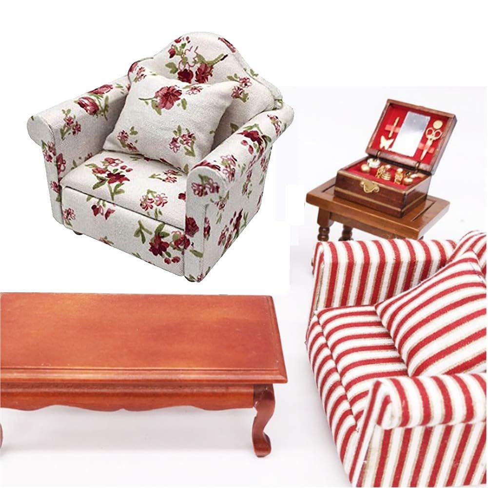 LATRAT Sofa do domku dla lalek, 1:12, miniaturowy model mebli, chusta z wzorem kwiatowym, kanapa, fotel z poduszkami, akcesoria, wzór kwiatowy, zestaw mini mebli, sofa z poduszkami na oparcie
