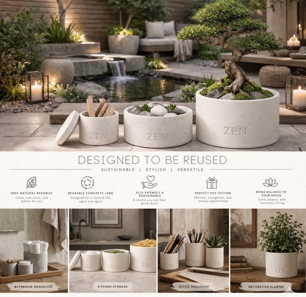 Zen Concrete Candle Lid – Cream Gray Minimalist Home Reusable Jar Plant Pot, Storage – (Gray, Small, Santal) image 3