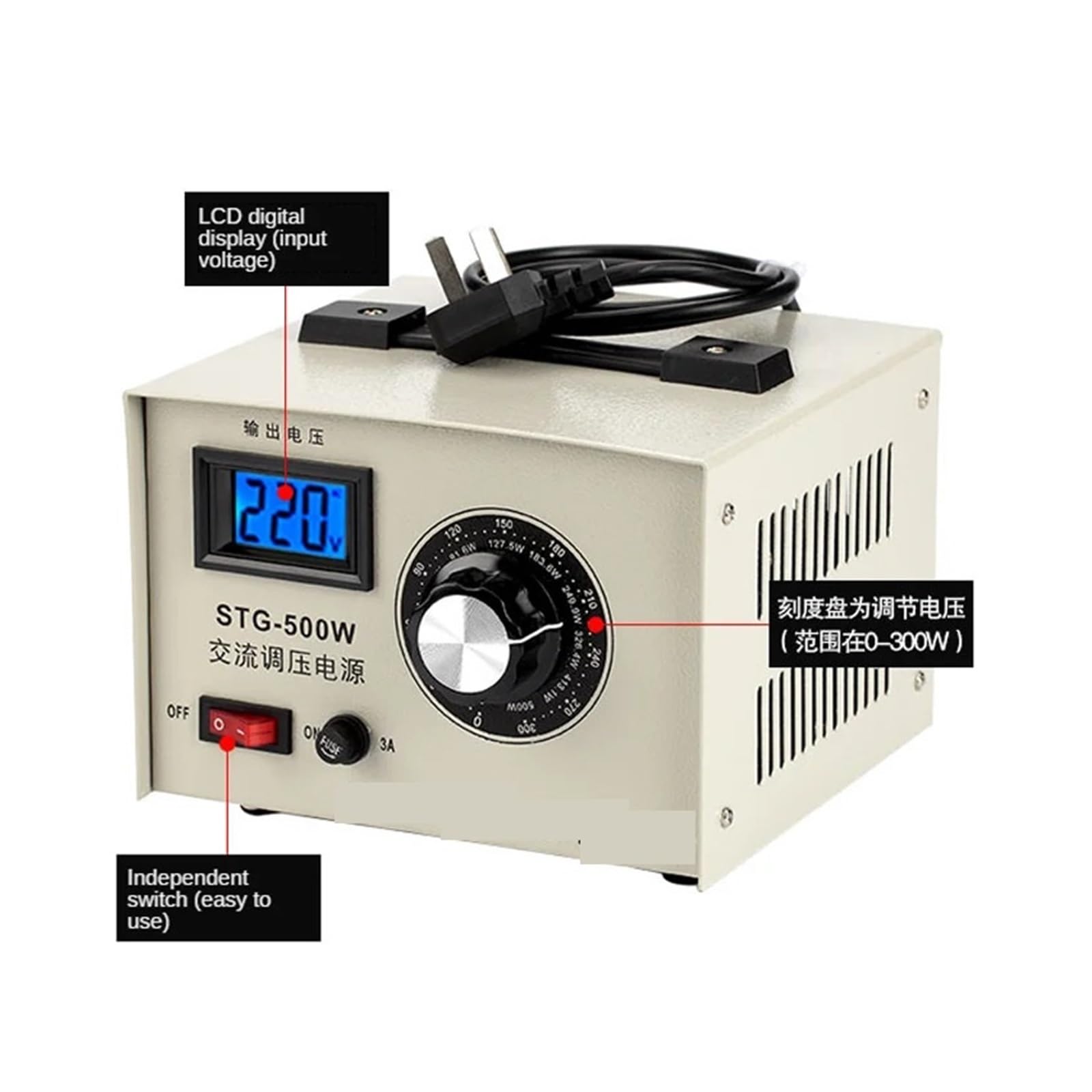 VChics Stabilizzatore di Tensione CA monofase, 0,5 KW, Contatto da 0 a 300 V, trasformatore di Potenza Regolabile STG-500W Facile da Usare
