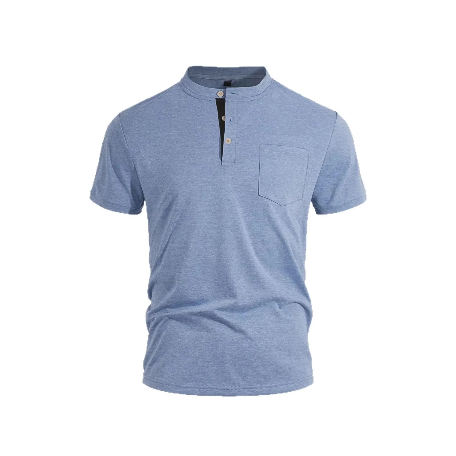 Camiseta de manga corta con botones de color puro para hombre, 80 % algodón, 20 % lino, cómoda y ajustada, para uso diario
