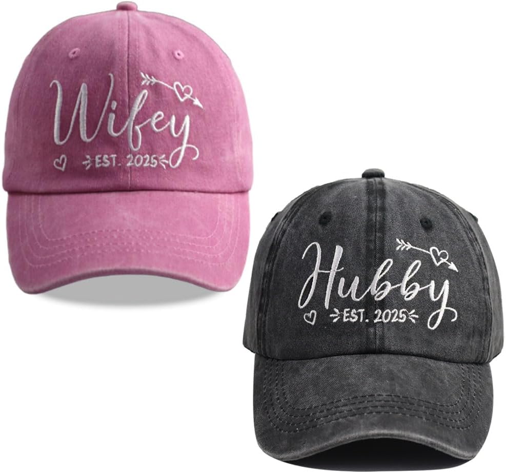 Kamaple 2 PCS Hubby and Wifey 2025 Hats for Men Women, Funny Adjustable Cotton Embroidered Couple Gifts Baseball Cap