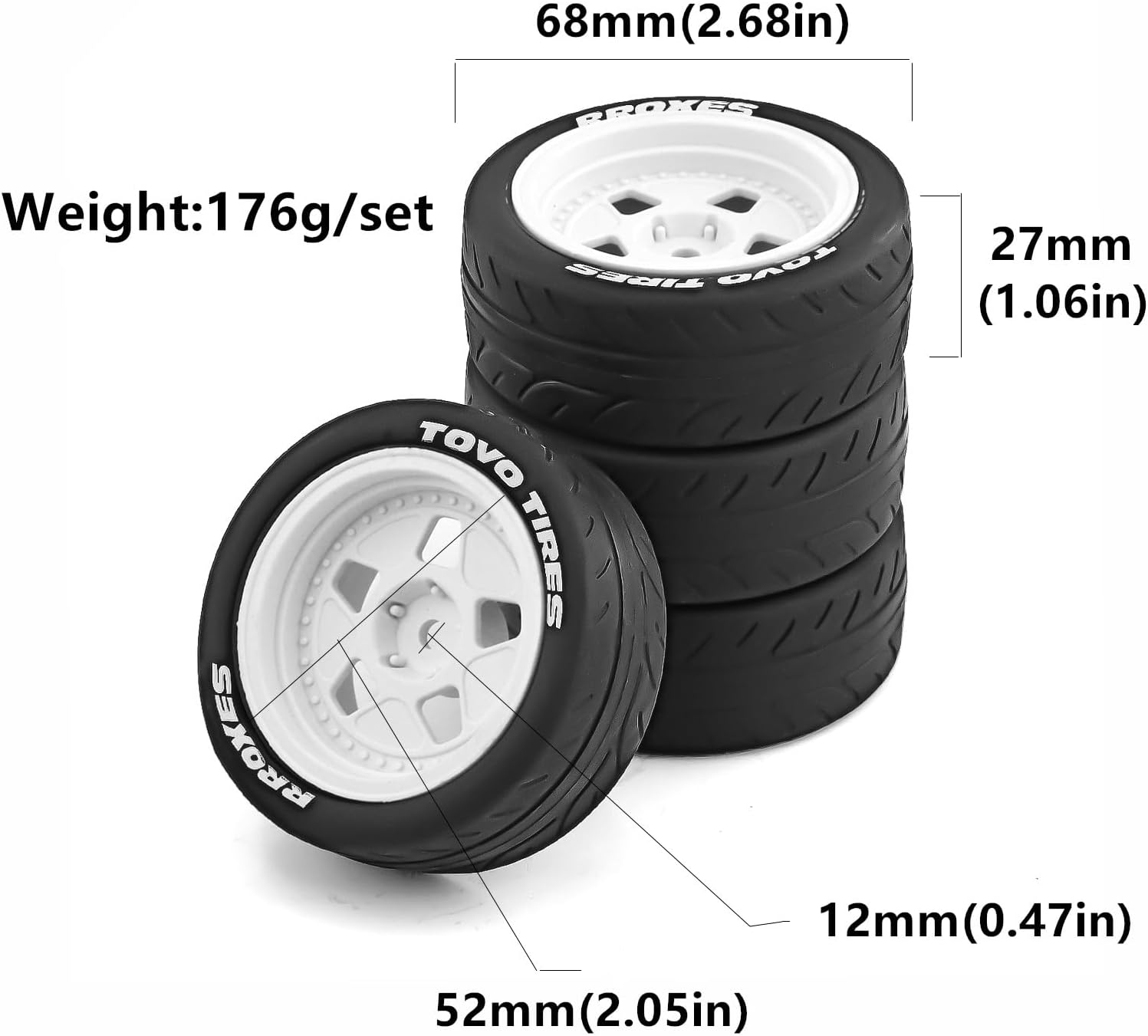 1/10 Rally Racing Tire OD 2.68'' and Wheels 12mm Hex RC On Road Tyres for 1:10 Scale Touring Street Drift Car Tamiya TT01 TT02 XV01 TA06 A959 PTG2 HPI KYOSHO HSP PTG2 Traxxas 4PCS (White)