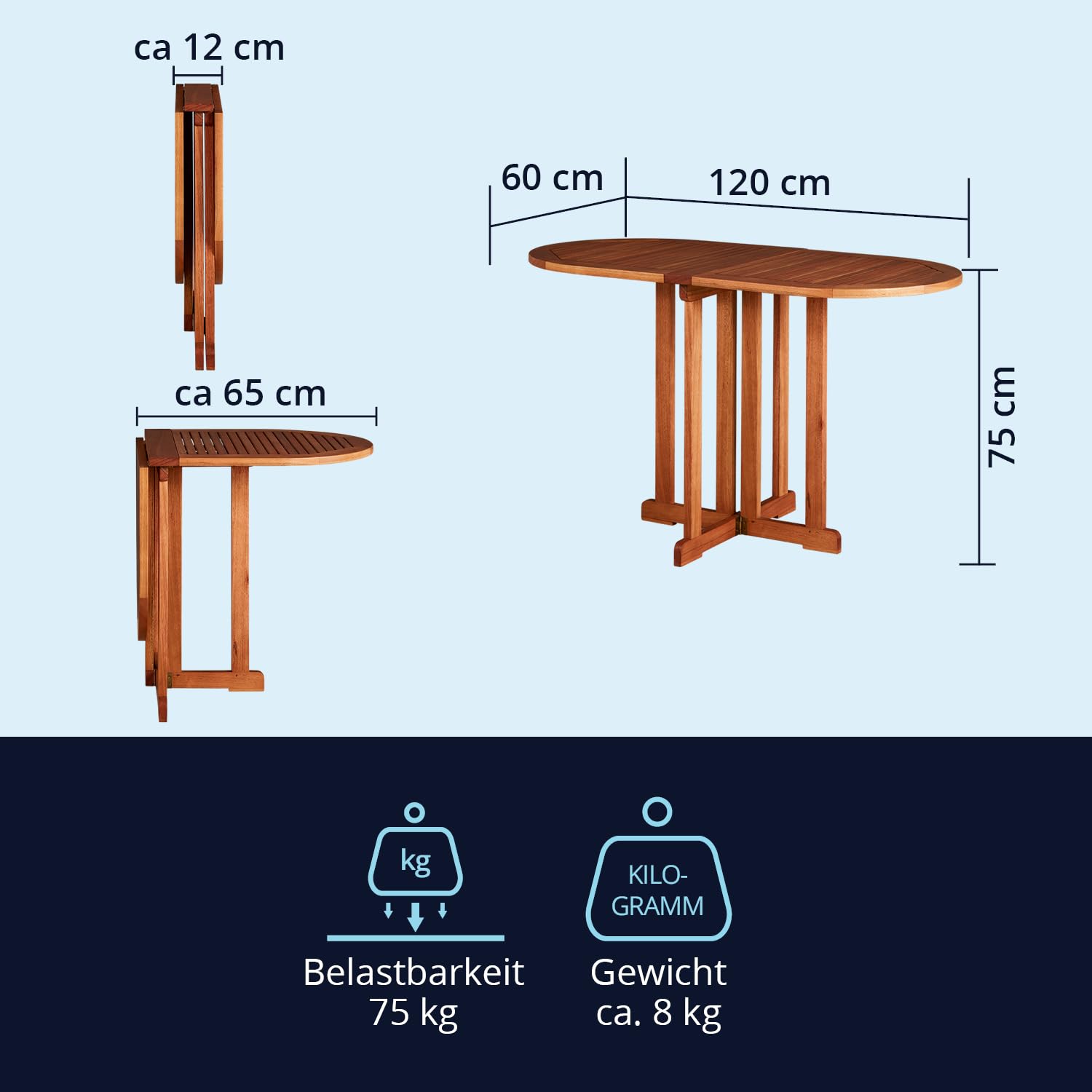 KHG Balkontisch für 2 Personen aus 100% Eukalyptus-Echtholz, klappbar, wetterfest, Gartentisch, Klapptisch - Braun