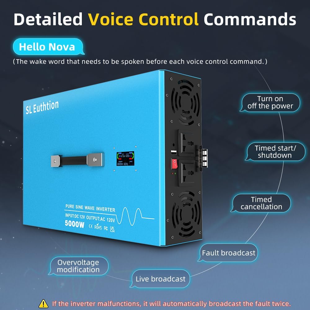 5000W Pure Sine Wave Power Inverter Voice Control AI Voice Assistant Support English 12V to 120V 60HZ with LCD Display, USB Port, for Car Home Laptop Truck