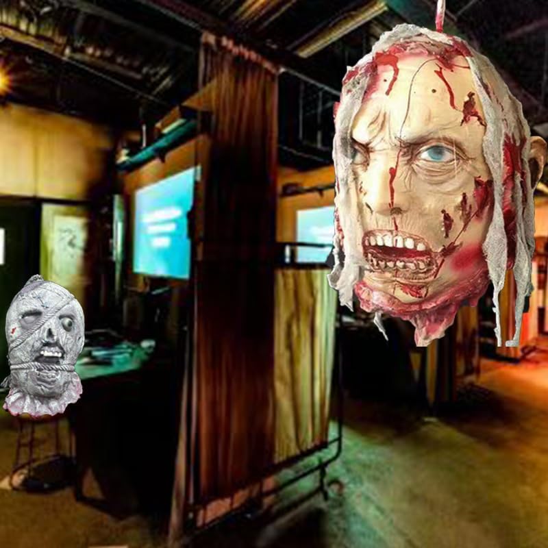 Miniatura 2 de RiceelSor Decoración colgante de cabeza dividida para Halloween, diseño de cadáver sangriento, de terror, de tamaño real, con peluca, disfraz para