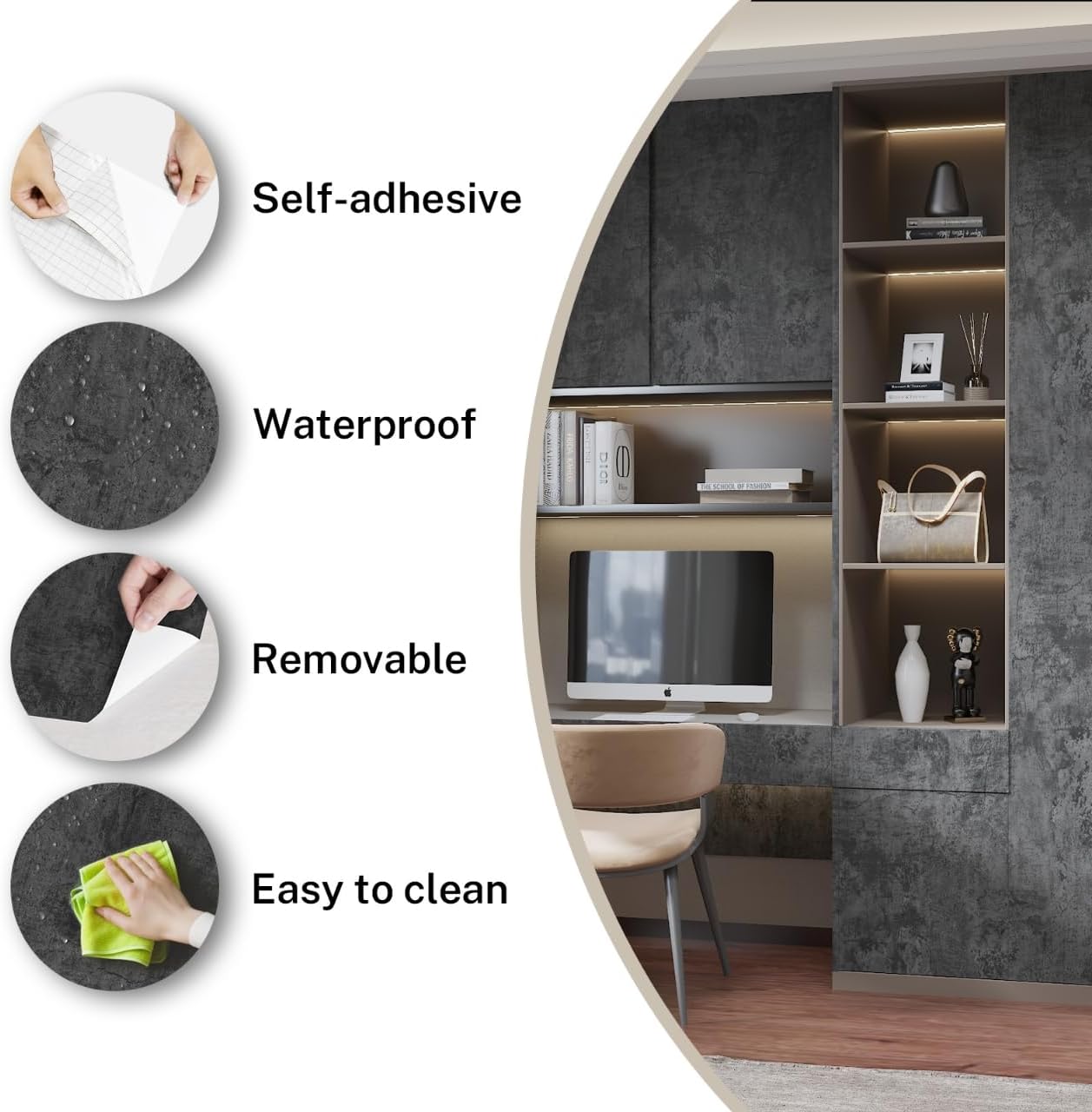 Dark Grey Black Concrete Wallpaper Peel and Stick 30.3"x197" 3D Effect Grey Concrete Contact Paper Removable Waterproof Matte Textured Cement Look Vinyl Wrap Wall Stickers for Kitchen Bedroom