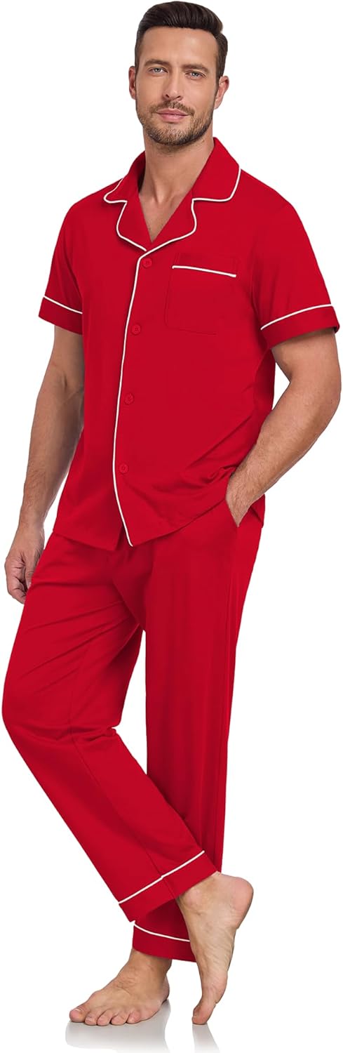 Mens Pajamas Set 100% Cotton Men's Short Sleeve Long Pants Sleepwear Soft Loungewear Button Down 2 Pieces Pjs Set - Image 2