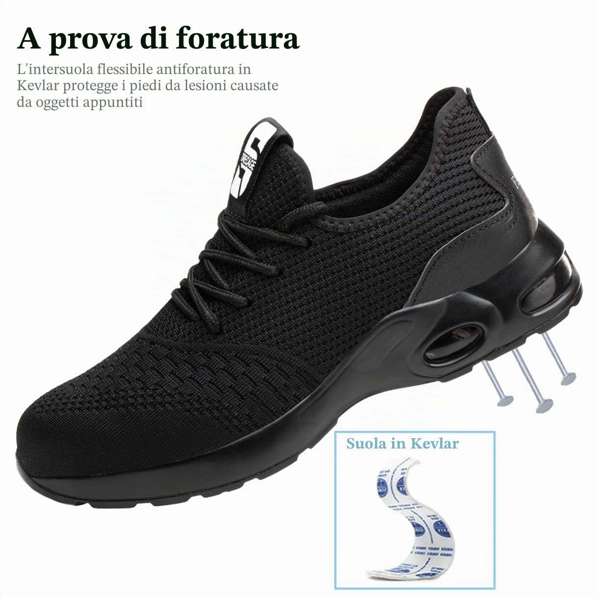 Scarpe Antinfortunistiche Uomo Donna Leggere Scarpe da Lavoro con Punta in Acciaio Traspiranti Antiscivolo Scarpe Sportive di Sicurezza 08 Puro Nero EU 43