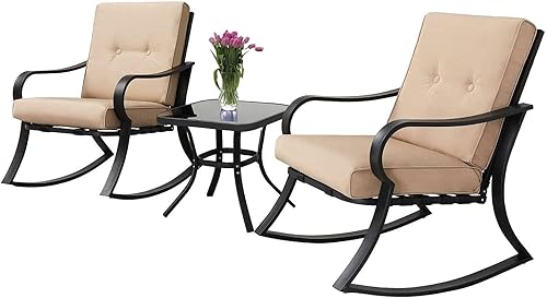 Betterland Juego de sillas mecedoras de 3 piezas para exteriores, mesa de centro de cristal y muebles de patio de metal negro con cojines gruesos