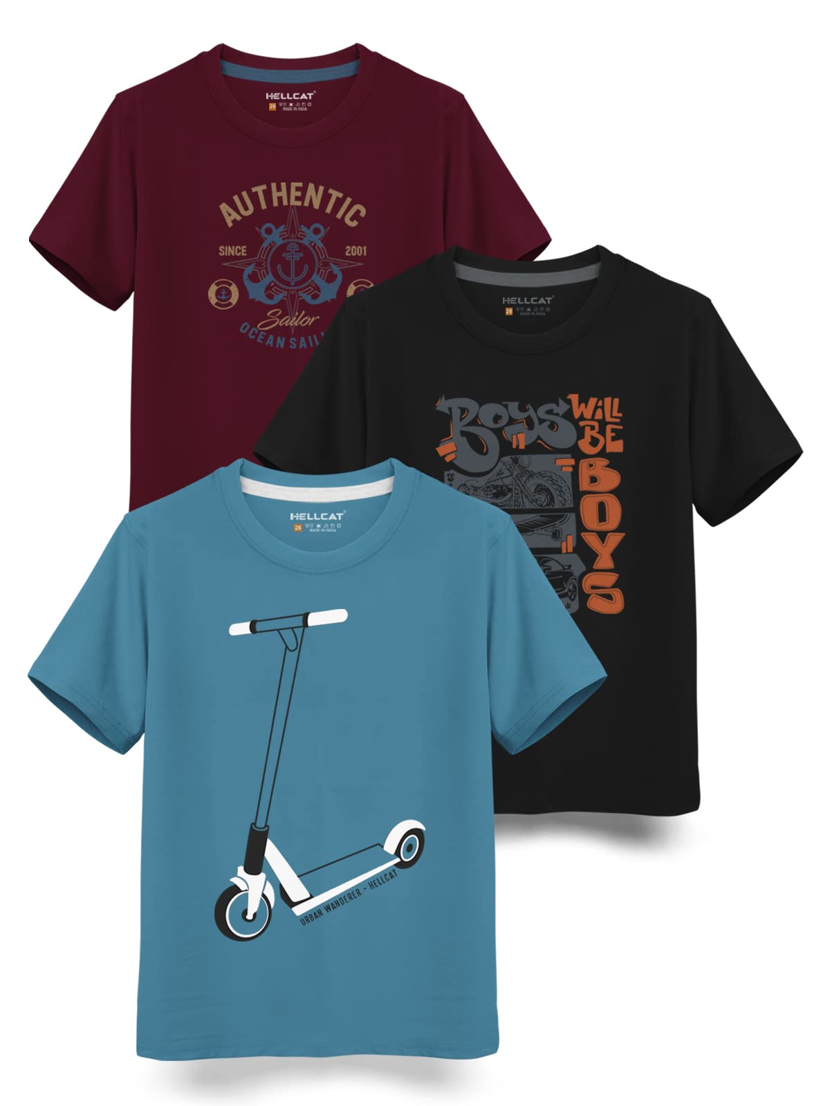 HELLCAT Boys Round Neck Printed Blended Cotton Tshirt -Combo Pack of 2 - Orange/Blue