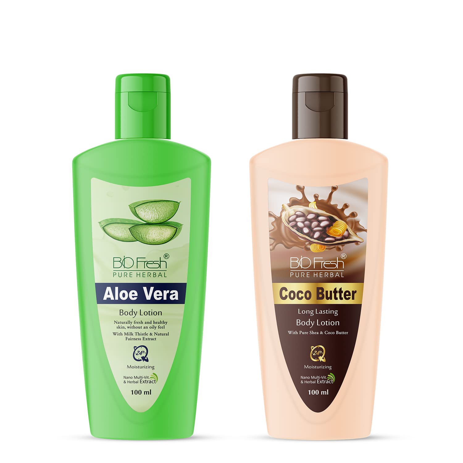 BIOFRESH HERBALS Skin Body Lotion Cream Aloevera - Coco Butter 100ml Moisturizer Combo Set with Lightweight & Non-Greasy Formula (100ml, Pack of 2)