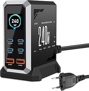 Caricatore USB C da 240 W, multiplo con 6 porte, GaN 3, USB, multiplo con 4 x USB-C e 2 x USB-A, PD140 W, 65 W, 60 W Power Delivery stazione di ricarica USB C per MacBook Pro/Air, iPhone, iPad