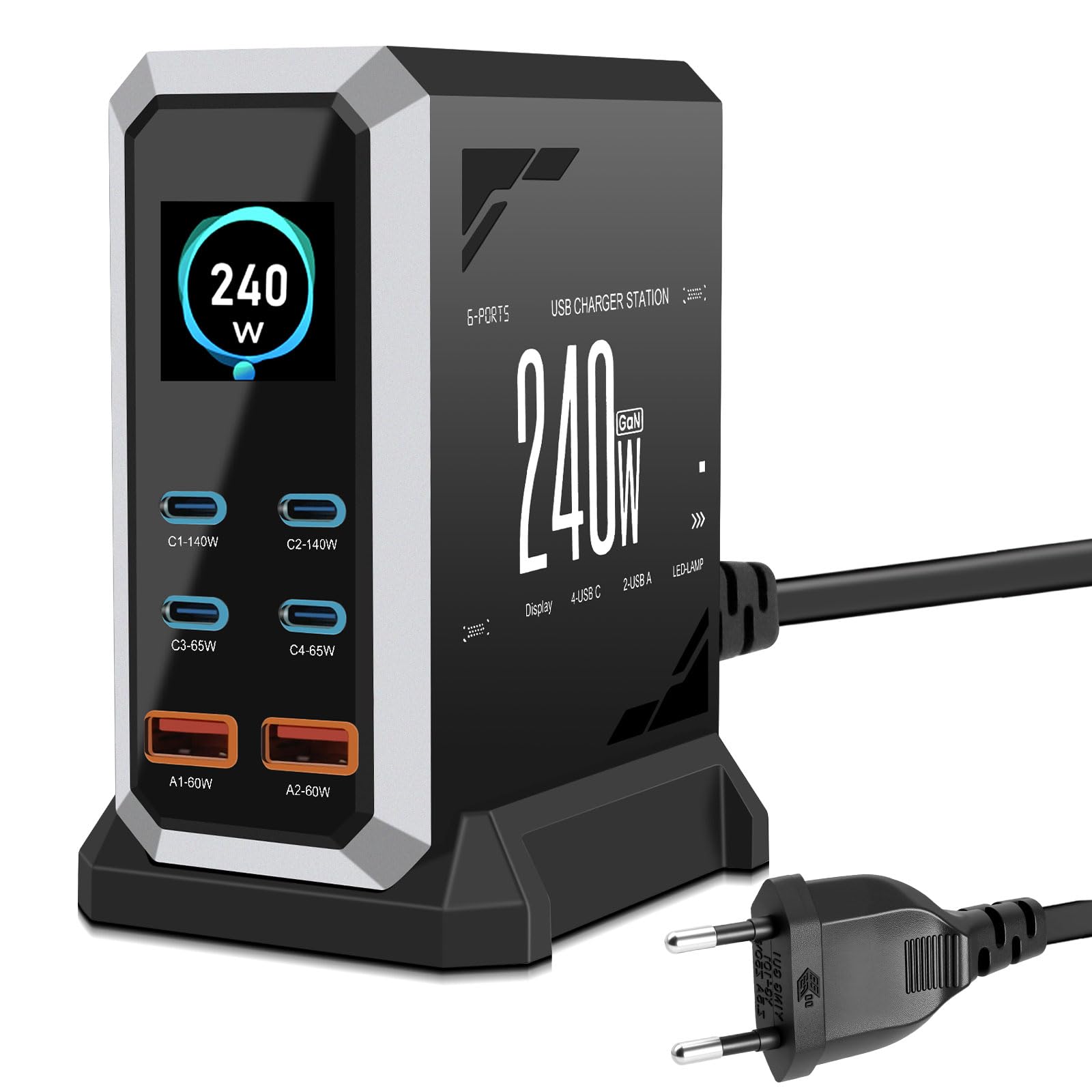 Cargador USB C múltiple de 240 W con 6 puertos, GaN 3 USB cargador rápido múltiple con 4 puertos USB-C y 2 puertos USB-A, PD140W, 65 W, 60 W, estación de carga USB C para MacBook Pro/Air, iPhone, iPad