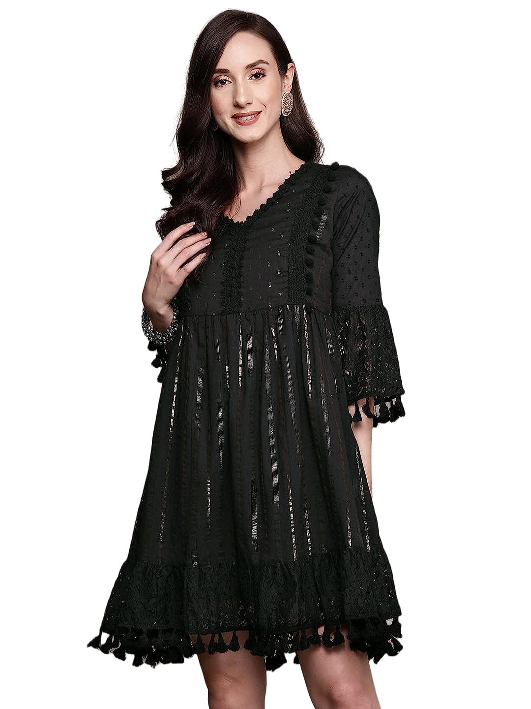 Ishin Women's Cotton Above Knee Length A-Line Indo Western Dress Inwdr0411_Bk_Xl_Black