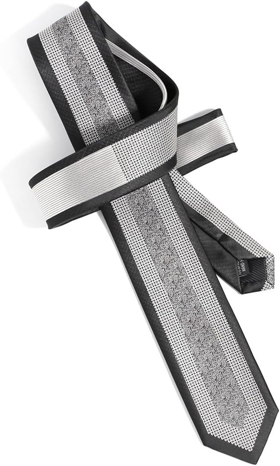 Men's Slim Necktie Black with Red Geometric Pattern Striped Line 2.36 Inches Ties - Image 2