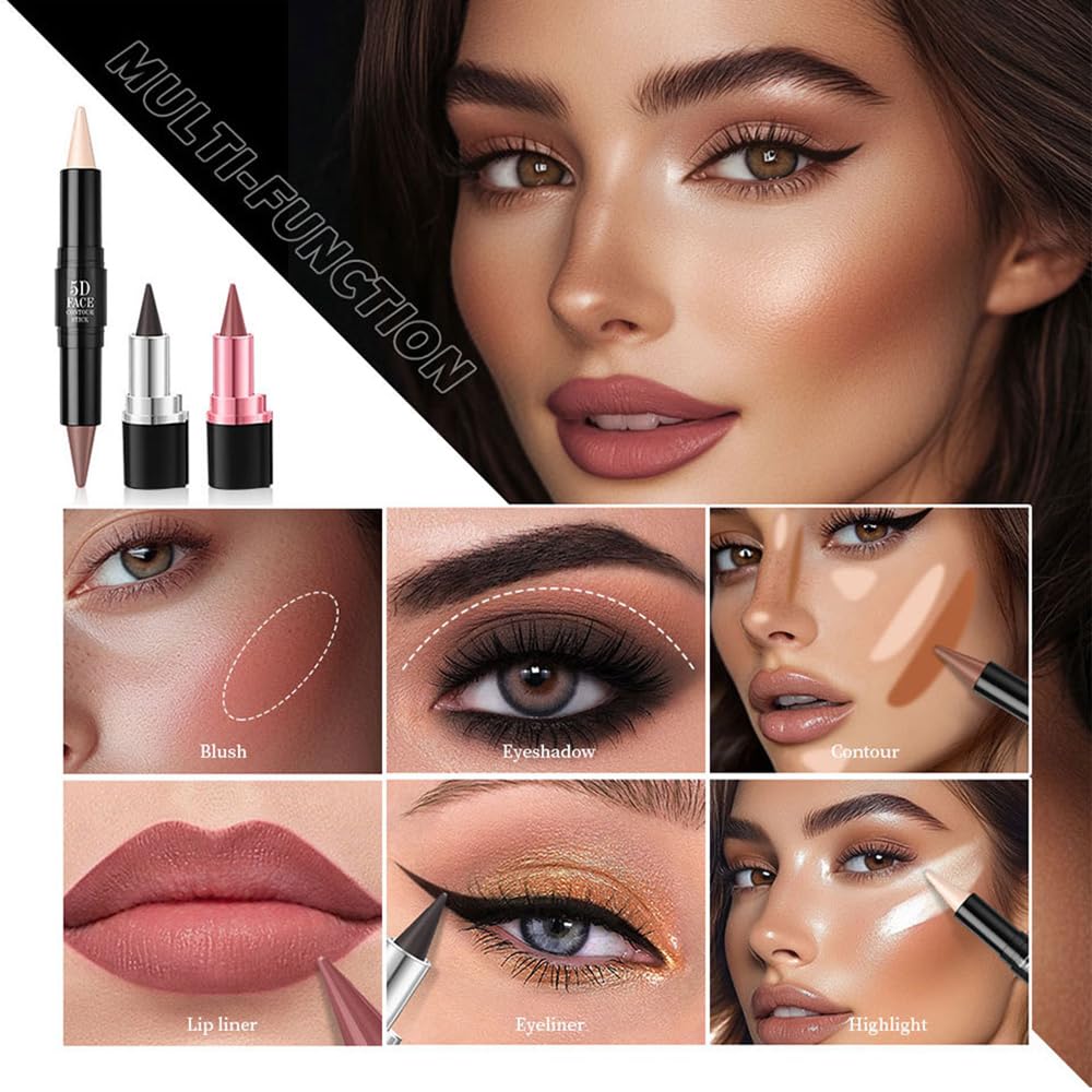 3Pcs Multi-Purpose Makeup Kit: Waterproof Lip Liner Lipstick + ??Dual-Ended Contour Stick (Contour/Highlight/Shimmery Under-Eye)?? + Black Eyeliner - Travel-Friendly, Set 03