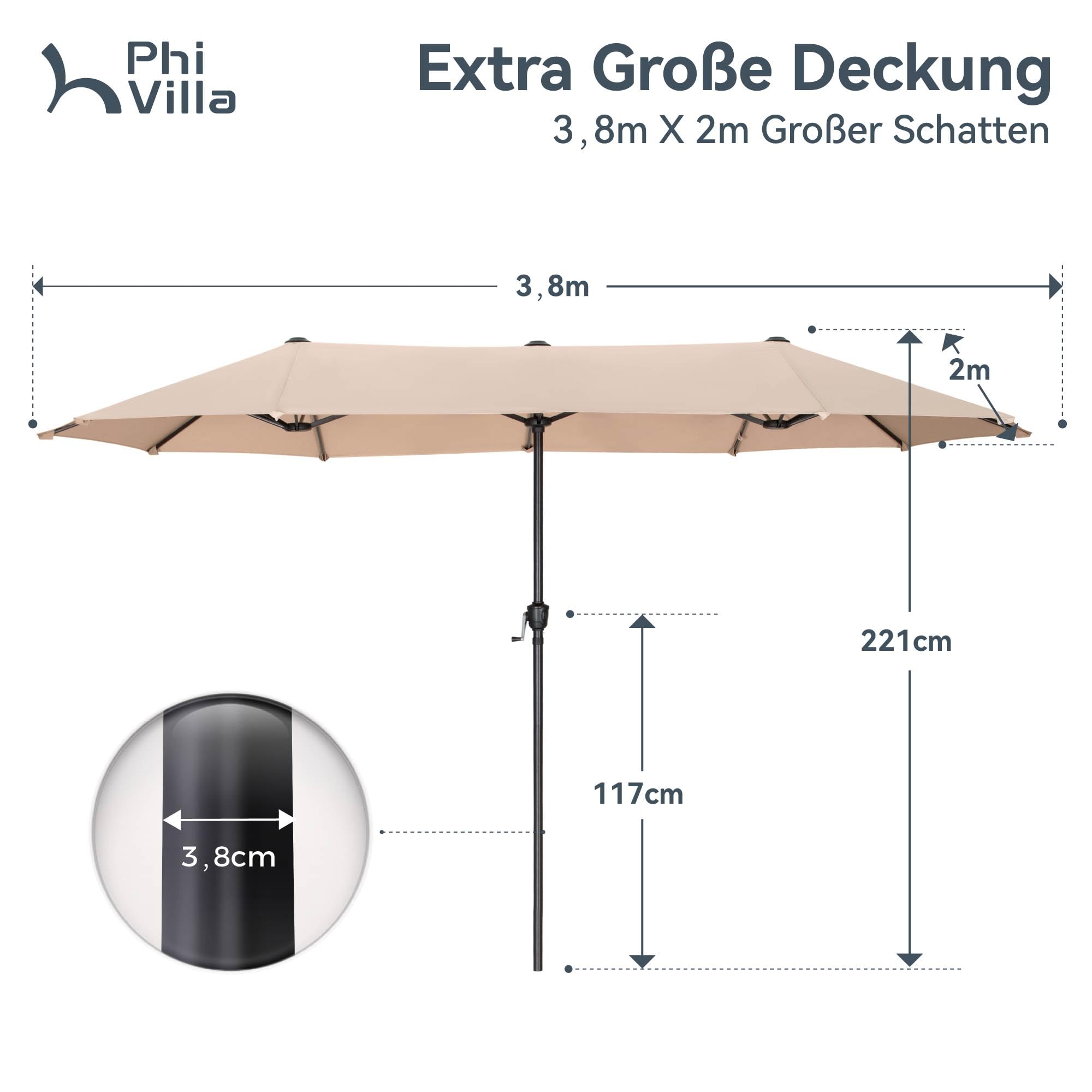PHI VILLA Sonnenschirm Rechteckig Groß 380x200cm für Garten Terrasse Gartenschirm mit Kurbel UV Schutz Parasol Windfest