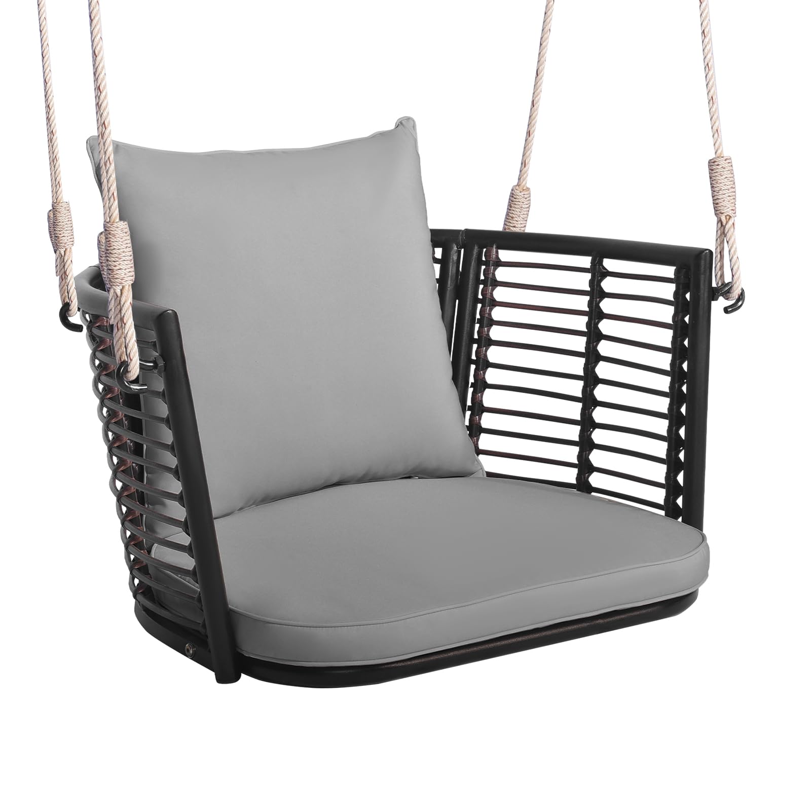COSTWAY Fotel wiszący, rattanowy, obciążenie do 180 kg, fotel wiszący z poduszkami, metalową ramą i linami wiszącymi, fotel bujany, na werandę, do ogrodu, na podwórko (kolor szary)