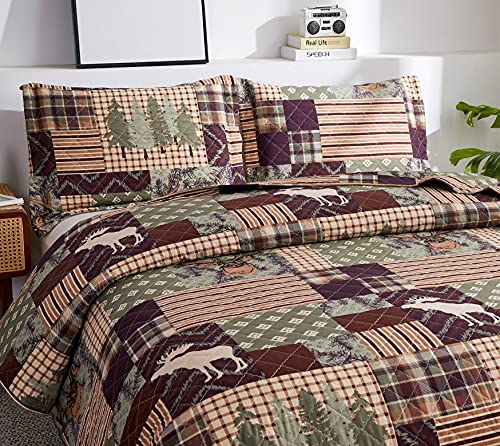 3-Piece Moose Pine Tree Reversible Quilt Set, Checked Color Stripe Rustic Home Lodge The Wilds Quilted Bedspread Coverlet Bedding Set, Lightweight Breathable for All Season (King, White Deer)
