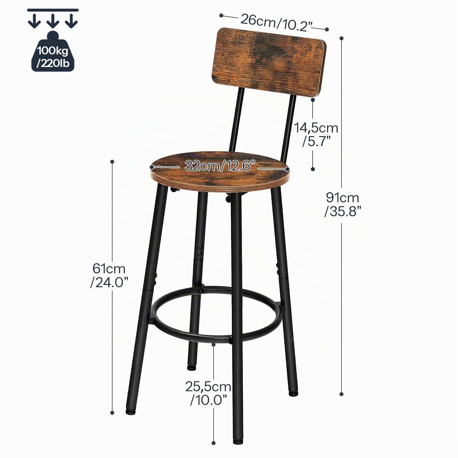 HOOBRO Set di 2 Sedie da Bar con Schienale, Sedie da Cucina, Sgabello da Bar con Poggiapiedi, per Cucina, Soggiorno, Bar, Montaggio Semplice, Marrone Vintage e Nero EBF32BY01