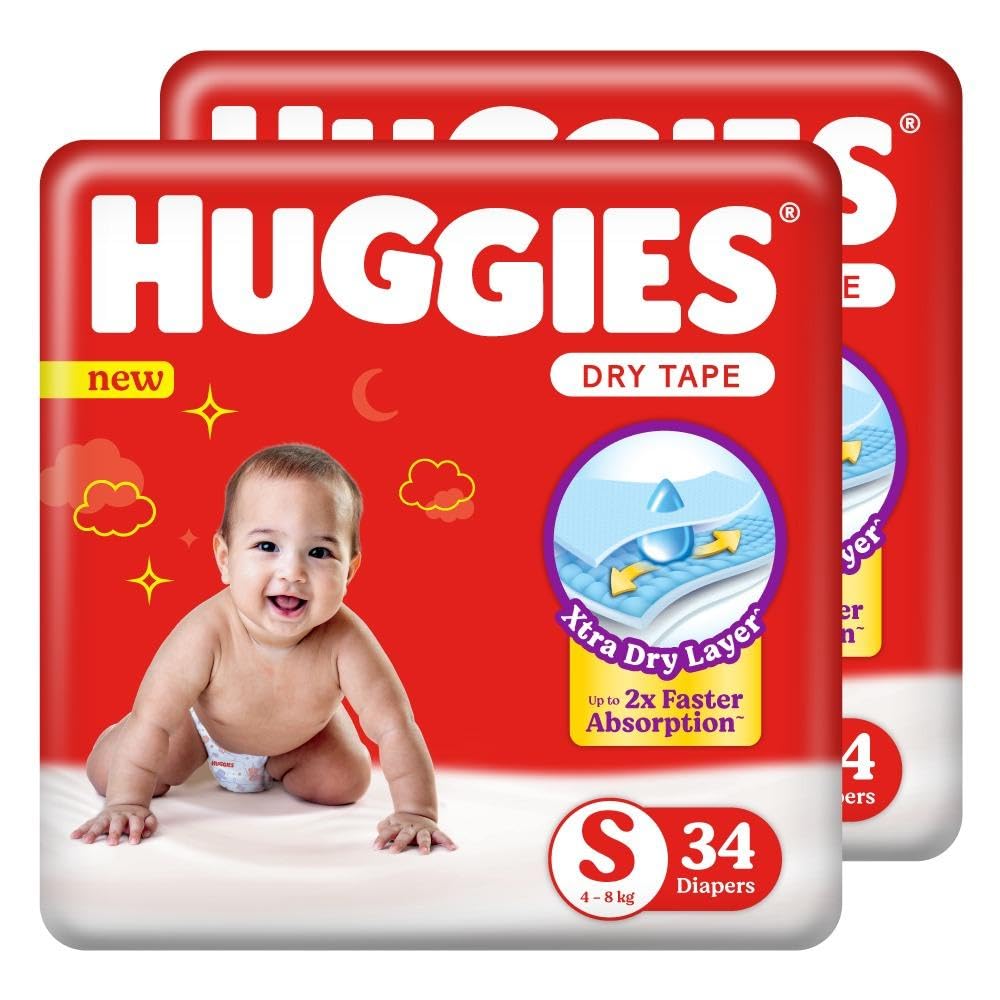 Huggies Dry Tape | Adjustable Tape Style Diapers, Small (S) Size (4-8 Kgs), 68 Count (34 Count, Pack of 2) | Up To 2X Faster Absorption, Up To 12 Hours Overnight Absorption unisex