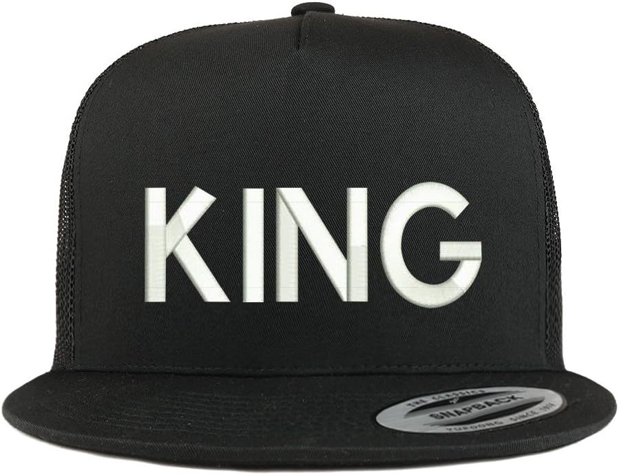 Trendy Apparel Shop King Embroidered 5 Panel Flat Bill Trucker Mesh Back Cap