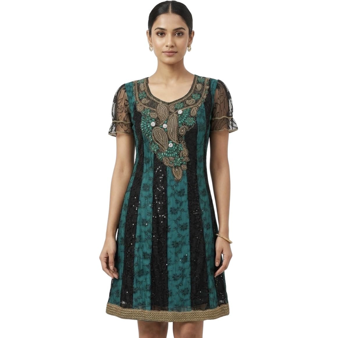 Women's Embroidered Kurti Dress, Teal and Black, Sequin Work, Net Sleeves, Ethnic Wear, Size XS-image-40