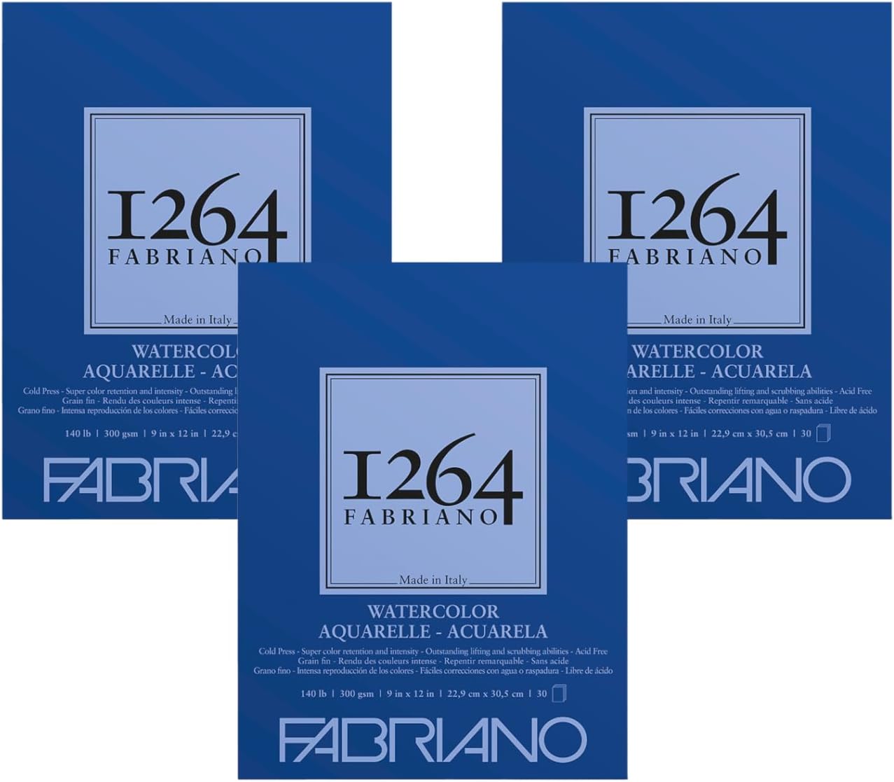 Fabriano 1264 Watercolor Pad, 9" x 12", Glue Bound, 140 lb., 3-Pack