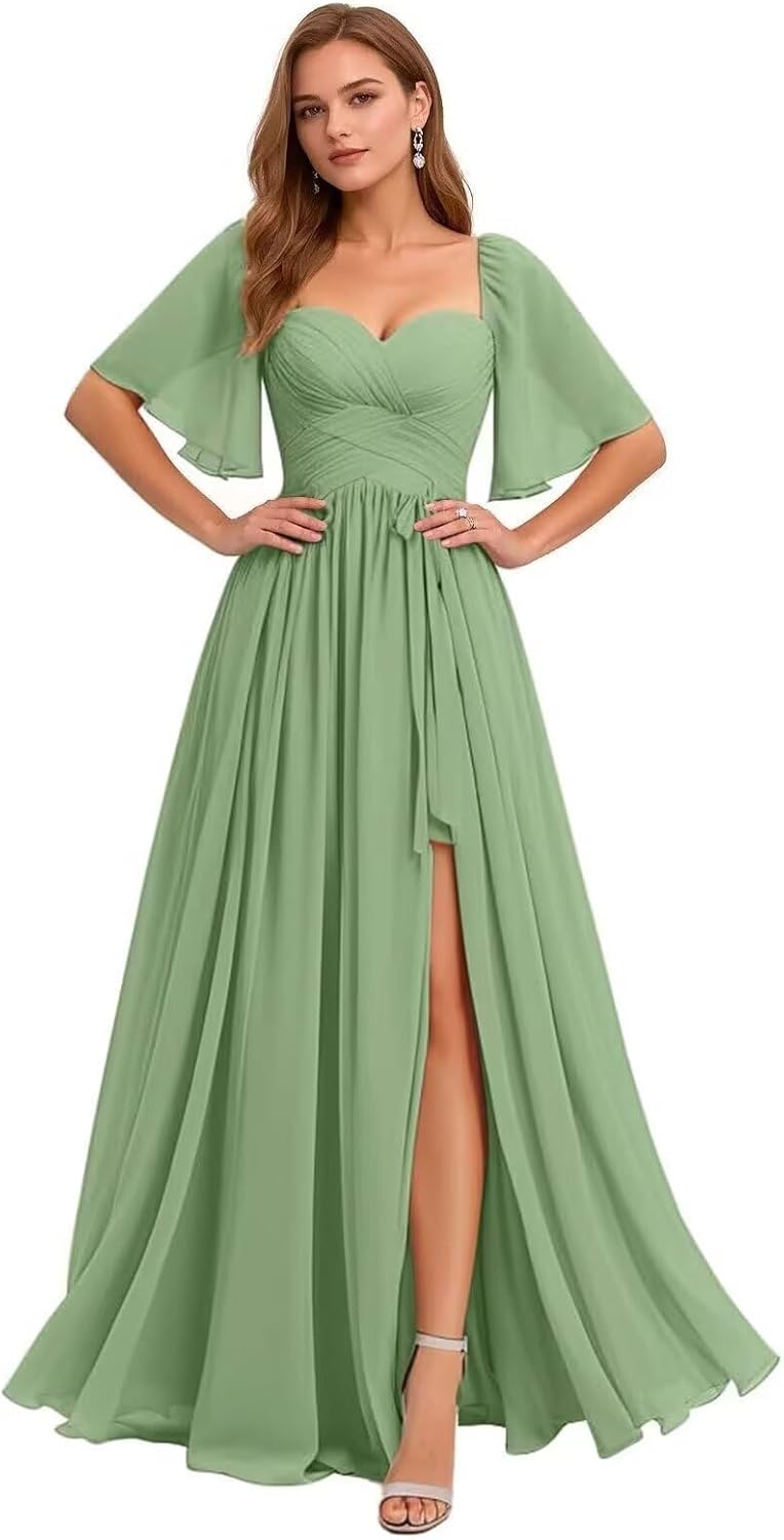 Flutter Sleeves Pleated Bridesmaid Dresses Long for Women Chiffon Ruffle Slit Formal Evening Gowns