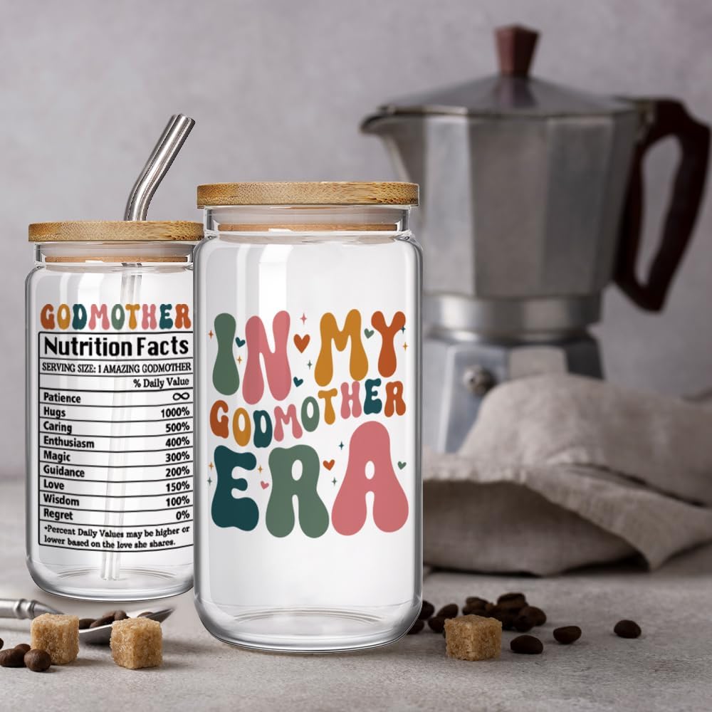 Godmother Proposal Christmas Gift for Women - In My Godmother Era 16oz Coffee Glass Cup with Lids Straws, Great Gifts for Birthday Thanksgiving Christmas from Godchild, Pregnancy Announcement Gifts - Image 2