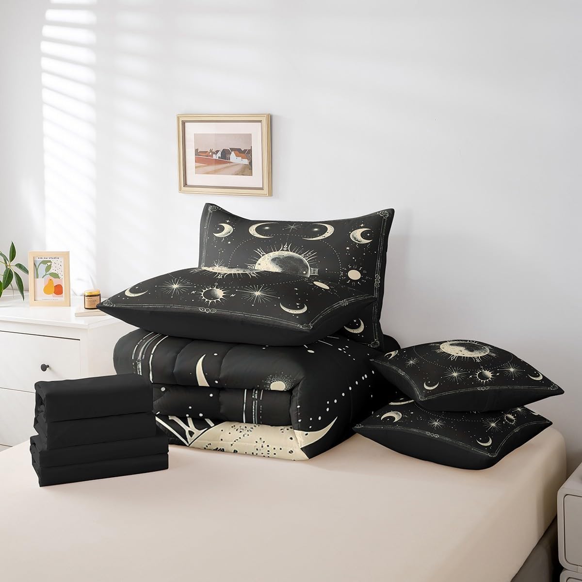 Feelyou Sun and Moon Bed in a Bag Boho Exotic Bedding Set for Kids Teens Bohemian Comforter Set Queen Size 7 Pieces Bed Set with Comforter, Sheet Set, Pillowcases, Pillow Covers Bed Exotic Black