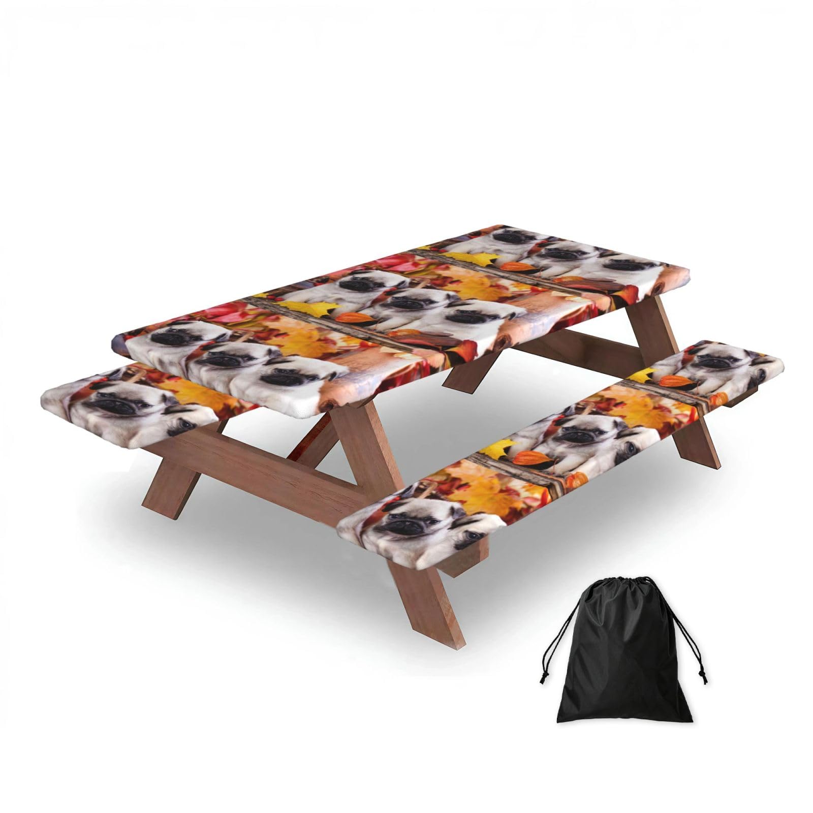 Dopklna As Picture Puppys Pug, Picnic Table Cover With Bench Covers -Waterproof Elastic Fitted Tablecloth For Garden Camping Patio 76X152cm