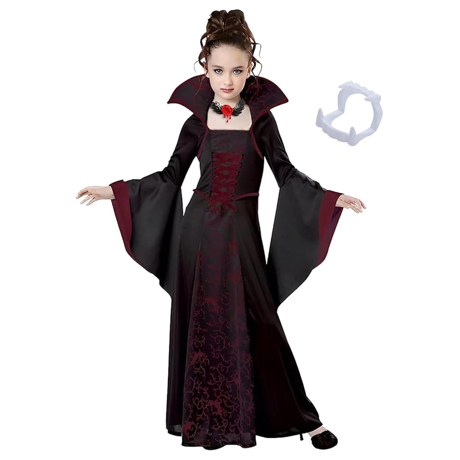 BaiDekun Halloween Vampire Dress for Girls, Gothic Vampire Queen with Vampire Fake Tooth, Black/Red Design for Party, Fancy Dress & Cosplay Fancy Dress