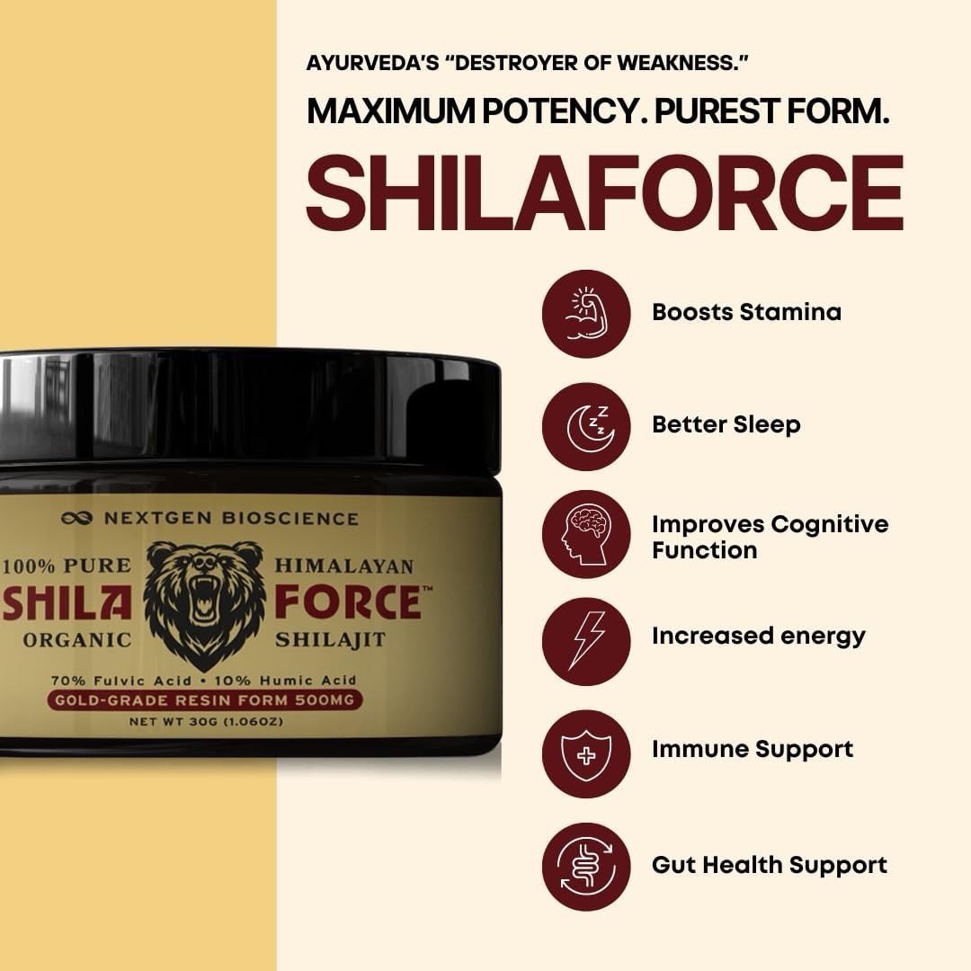 ShilaForce™ Shilajit Pure Gold-Grade Wild-Harvested Himalayan Organic Live Resin - 500mg 70% Fulvic Acid & 10% Humic Acid with 85+ Trace Minerals, 30g Made in USA, Brown