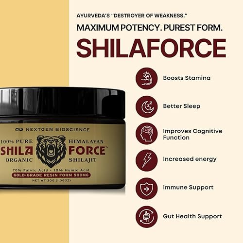Miniatura 3 de ShilaForce Shilajit - Resina viva orgánica orgánica del Himalaya cosechada en estado silvestre de grado dorado, 500 mg, 70% ácido fúlvico y 10%
