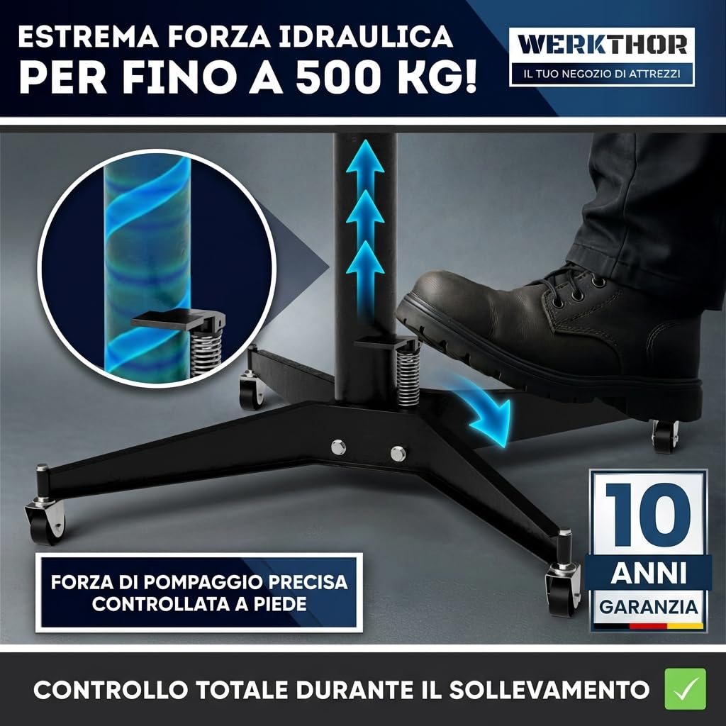 WERKTHOR Podnośnik do skrzyni biegów 500 kg hydrauliczny i regulowany 105-185 cm – Podnośnik silnika Faulenzer do warsztatu – Podnośnik do skrzyni biegów pojazdów z możliwością przewijania z 4 rolkami