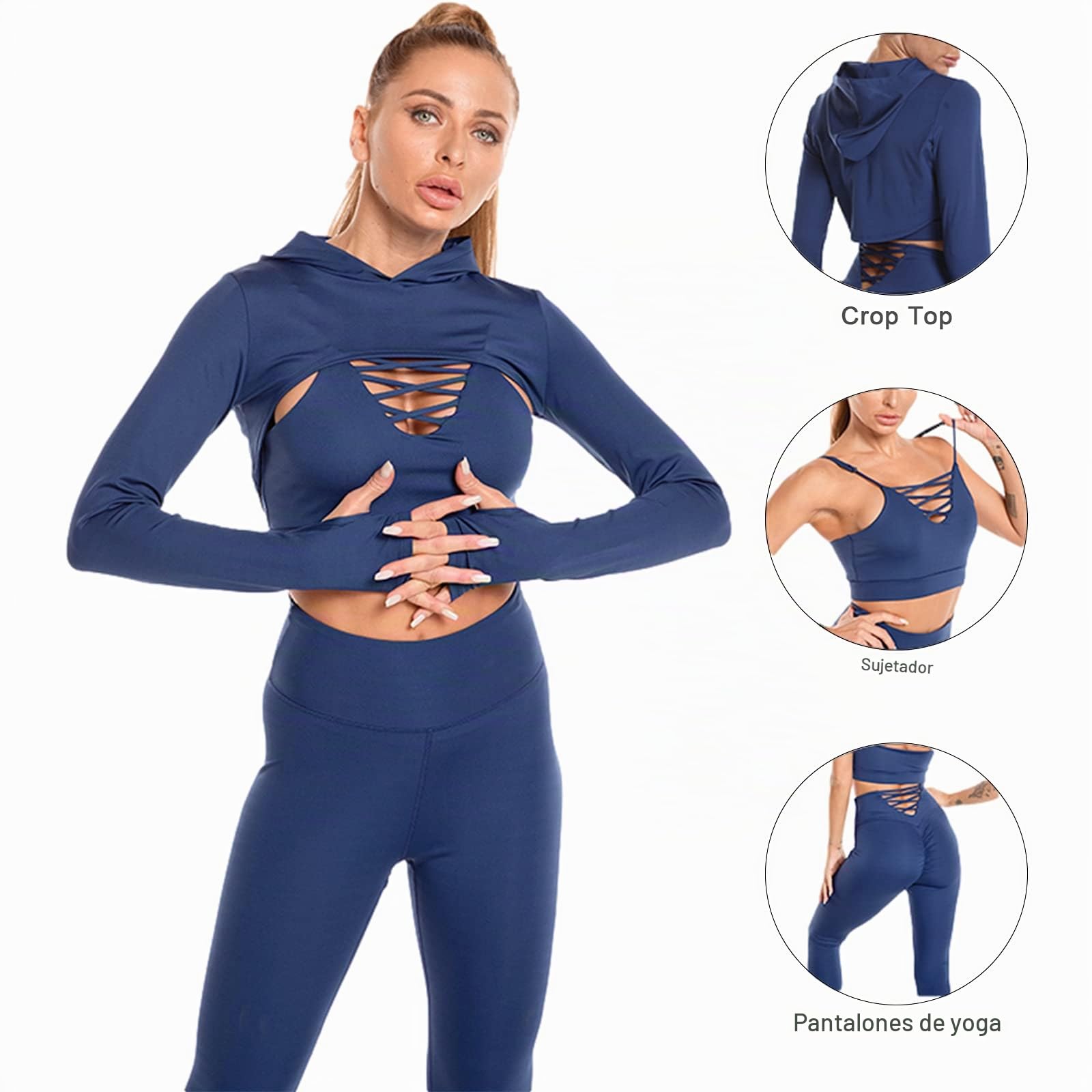 Mujer Conjunto Chándal de Yoga 3 Piezas Sexy Sujetador Camisola Cruzado + Sudadera con Capucha Corta + Legging Ropa Deportiva de Gym Fitness Correr