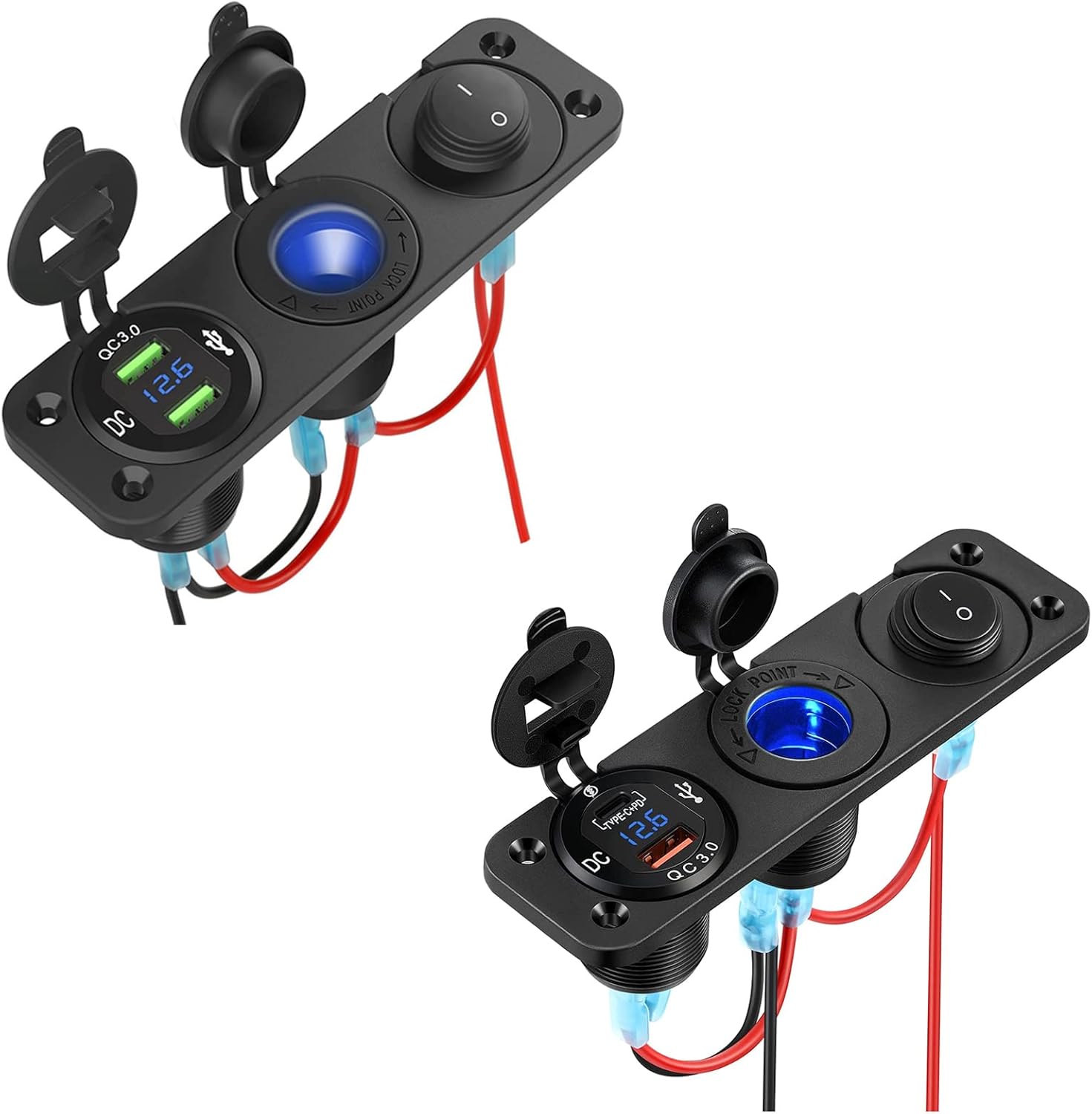 Kohree 12V Power Outlet Socket PD Type C with QC 3.0 USB bundle with 3 in 1 Waterproof Car Dual QC3.0 USB 12V Marine Boat Cigarette Lighter Socket