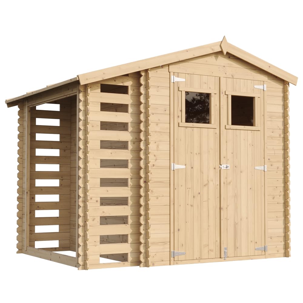 Abri de Jardin en Bois et Range bûches extérieur - Stockage extérieur I206xL272xH218 cm/ 3,53 + 0,97 m2 Petit abri à Outils, Local à vélos - TIMBELA M386