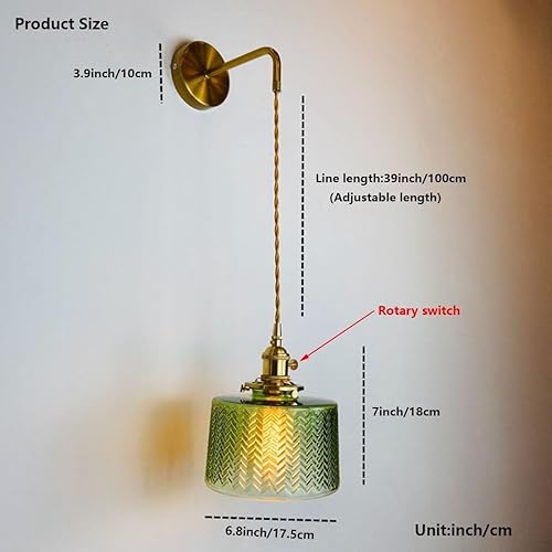 Miniatura 3 de Vintage Green Glass Wall Sconce with Adjustable Chain and Switch Modern Living Room Lighting Fixture E26E27 Base(17.5 * 18cm)