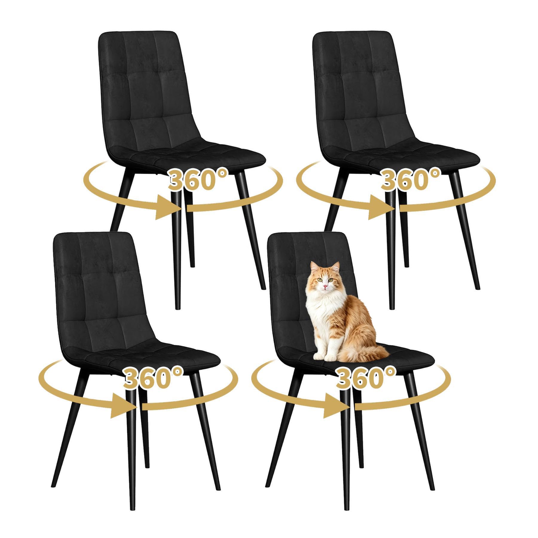 JMGJOY Swivel Dining Chairs Set of 4 Velvet Modern Upholstered kitchen Chairs 360° Rotating Dining Room Chair Max.120kg Metal Legs Padded Seat Backrest for Living Room Bedroom, Black